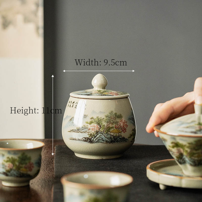 Tea Canister Landscape and Calligraphy 300ml, Blue and White Jingdezhen Pottery