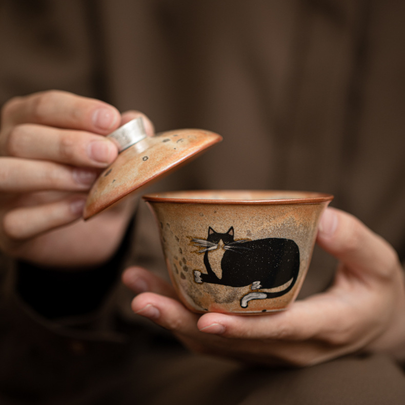 Japanese Shino Ware Style Black Cat Gaiwan 100ml