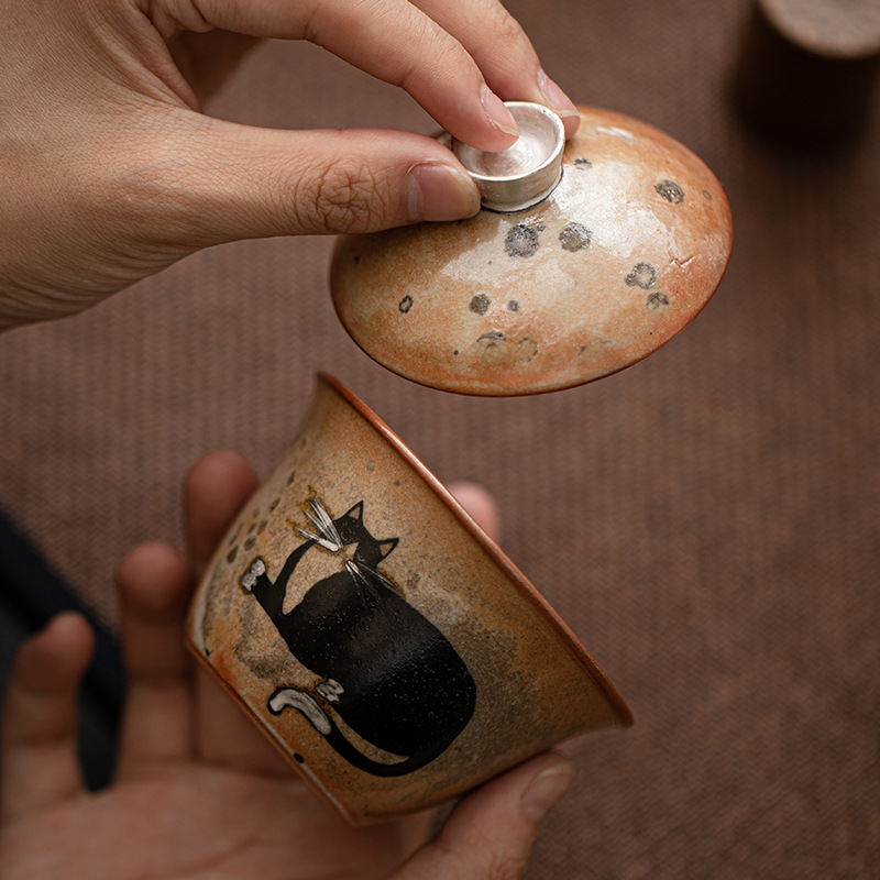 Japanese Shino Ware Style Black Cat Gaiwan 100ml