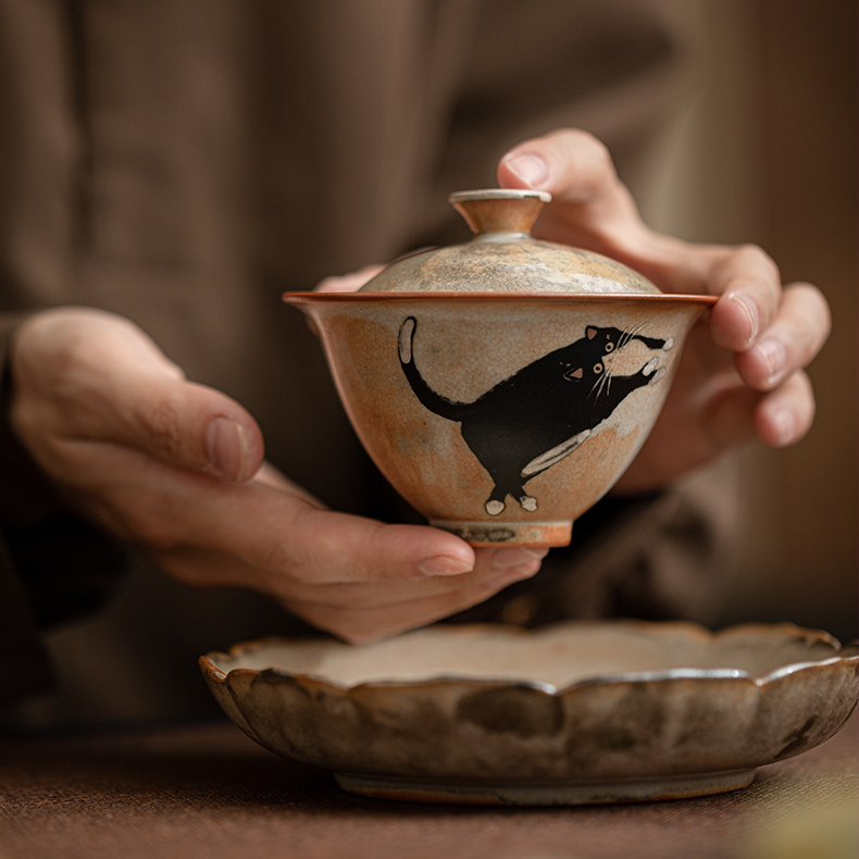 Japanese Shino Ware Style Black Cat Gaiwan 130ml