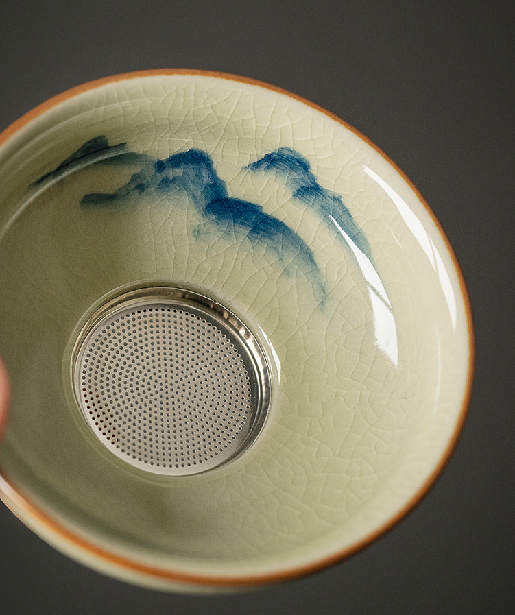 Landscape Strainer Set, Porcelain Stainer+Holder, Blue and White Jingdezhen Pottery