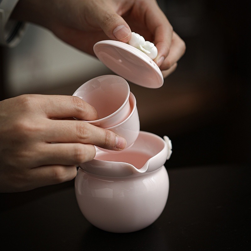 Pink Flower Travel Tea Set with Case, 1 Teapot+2 Cups 140ml