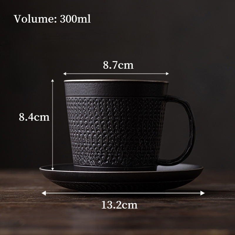 Black Iron Mug, Stoneware Coffee Mug with Saucer Set 350ml, Handmade Pottery Mug