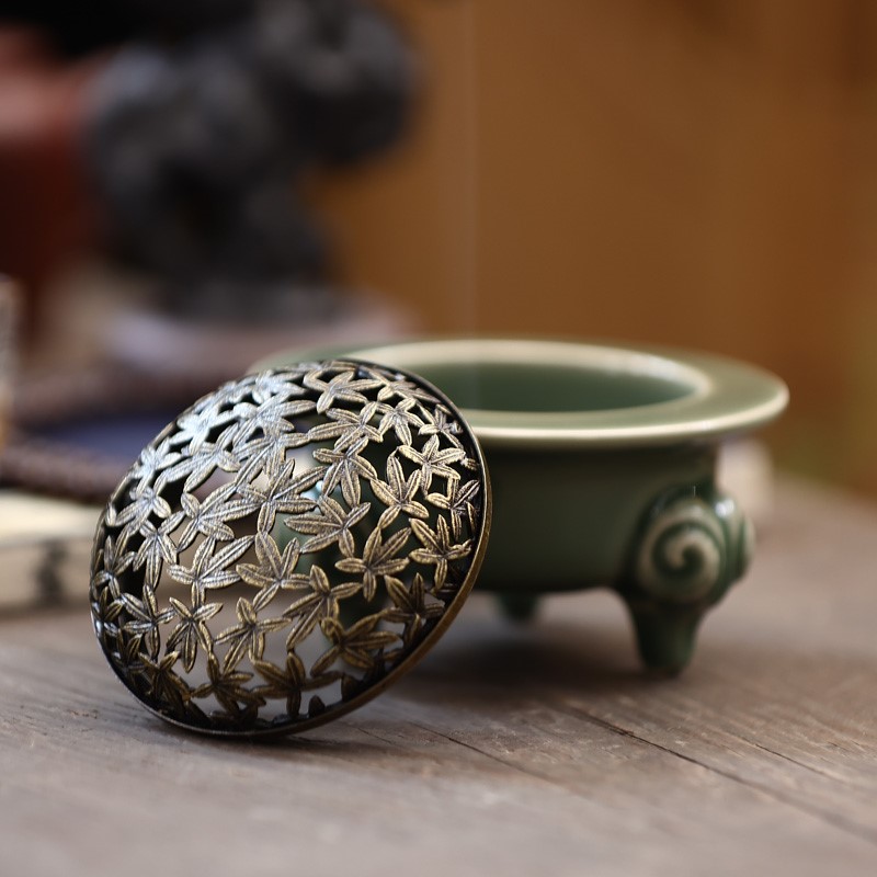 Traditional Celadon Incense Burner with Copper Cover 
