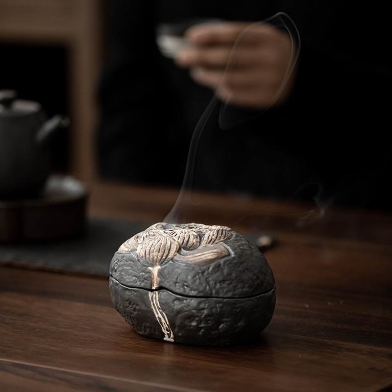 Japanese Style Stoneware Incense Burner, Vintage Look Wabi-Sabi Lotus Style