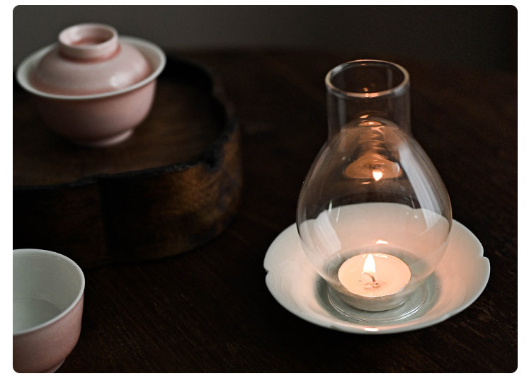 Japanese Style Tealight Candle Holder, Glass Shade+Ash White Porcelain Tray, Tea Room Decor