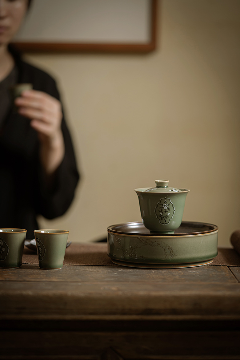 Celadon Tea Tray Plum Blossom Pattern, Kung Fu Tea Pot Holder Trivet