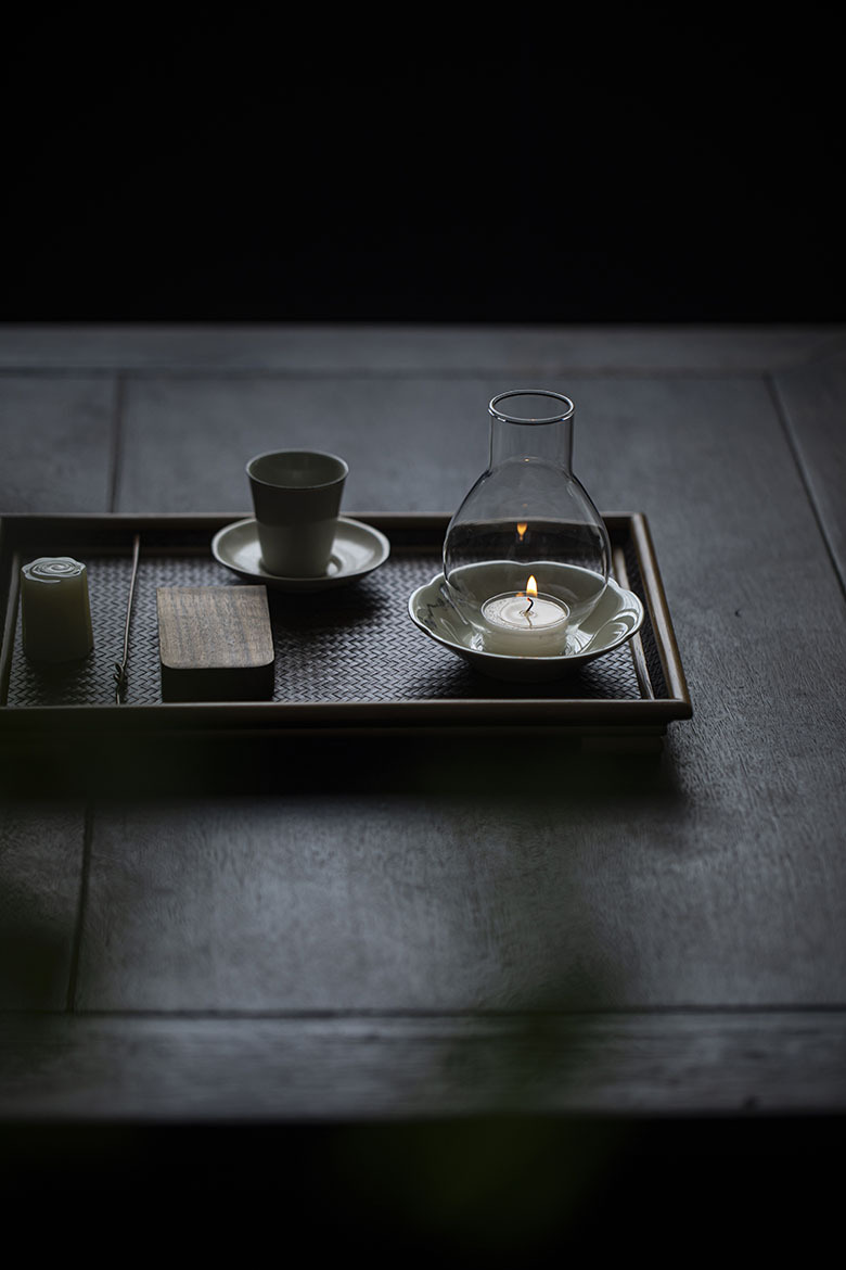 Japanese Style Tealight Candle Holder, Glass Shade+Porcelain Tray with Flower Pattern, Tea Room Decor