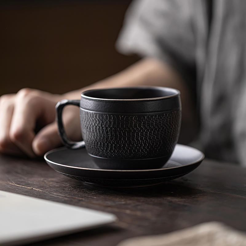 Black Iron Mug, Stoneware Coffee Mug with Saucer Set 250ml, Handmade Pottery Mug