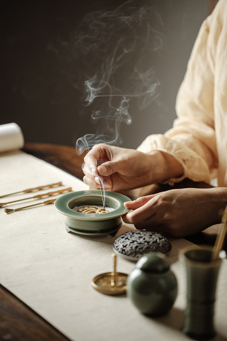 Vintage Style Brass Incense Tool Set with Celadon Ceramic Container, Incense Making Tool Kit