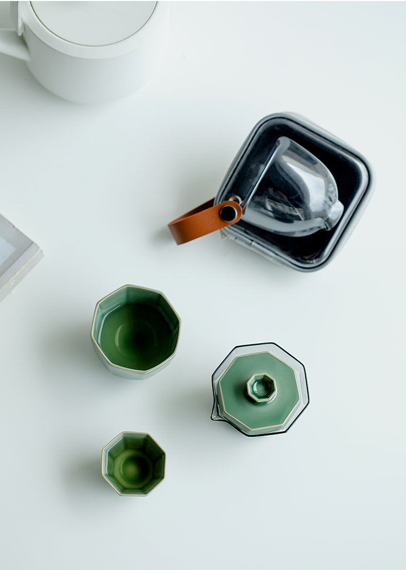 Marble Green Travel Tea Set, 1 Glass Teapot+2 Ceramic Cups