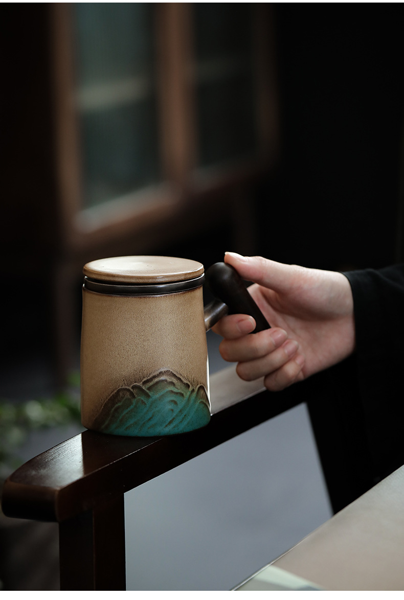 Ceramic Tea Mug with Infuser 260ml, Yellow Stoneware Mountain Pattern