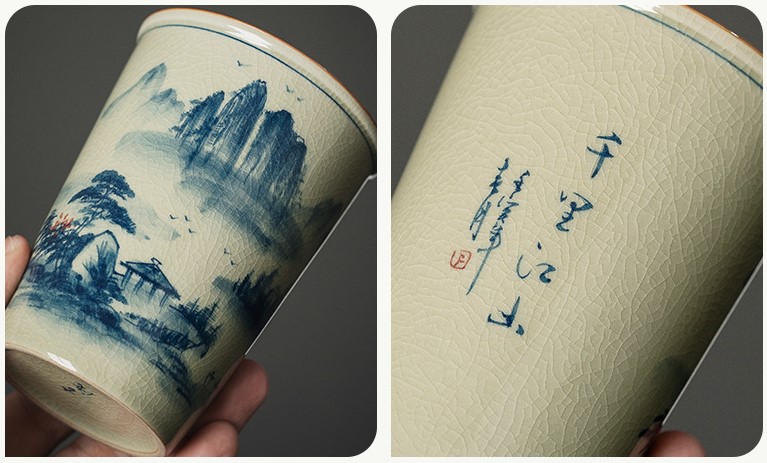 Tea Ceremony Tool Kit, Kung Fu Tea Accessories Set with Landscape Ceramic Container, Blue and White Jingdezhen Pottery