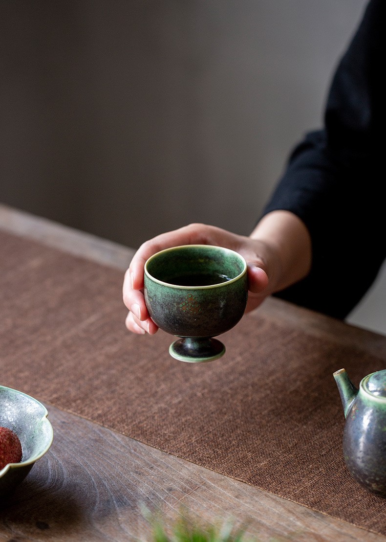 Retro Green Tea Cup, Flambe Glaze Stoneware Tea Cup 125ml