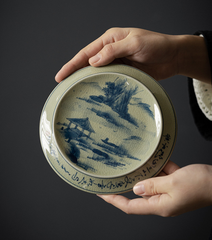 Porcelain Gaiwan Tea Set with Landscape and Calligraphy Pattern, Blue and White Porcelain Jingdezhen Pottery