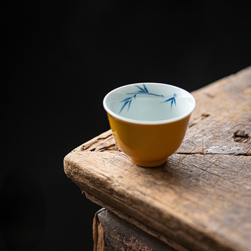 Yellow Tea Cup Set(3pcs) with Bamboo and Flower Deco