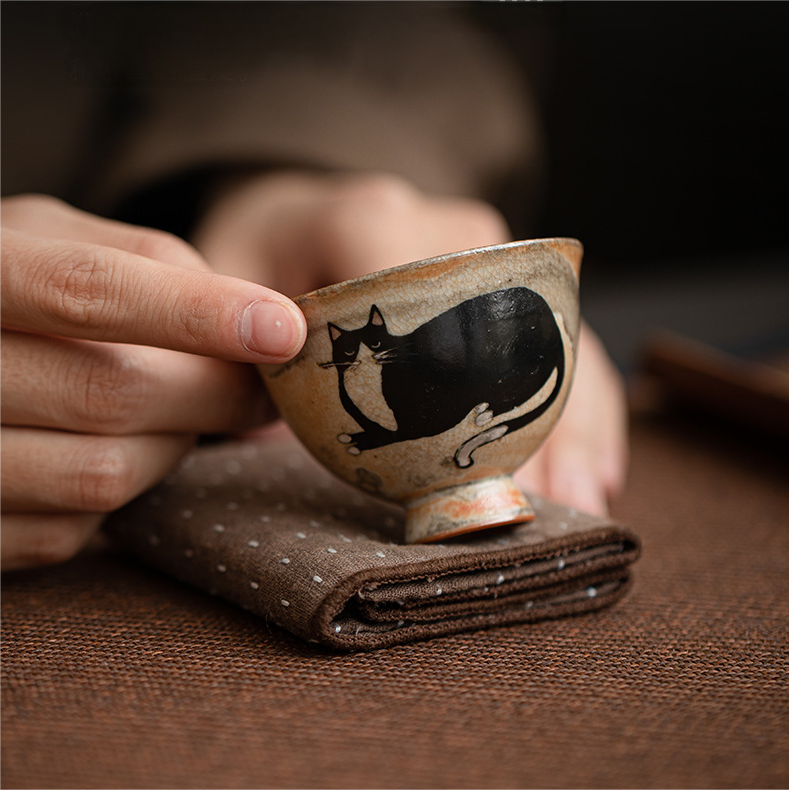 Japnese Shino Ware Style Black Cat Tea Cup 60ml