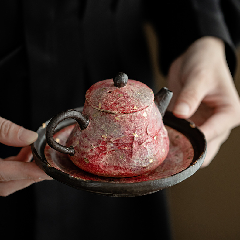 Japanese Style Red Stoneware Saucer For Teapots
