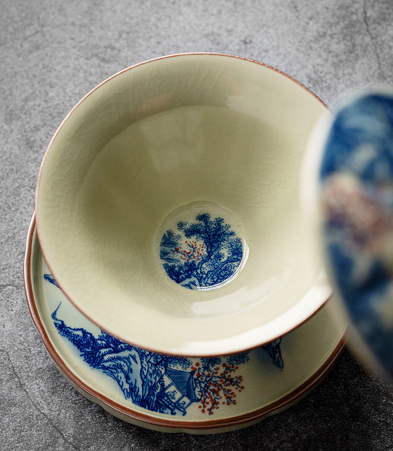 Porcelain Gaiwan Tea Set 130ml, Blue and White Landscape Pattern