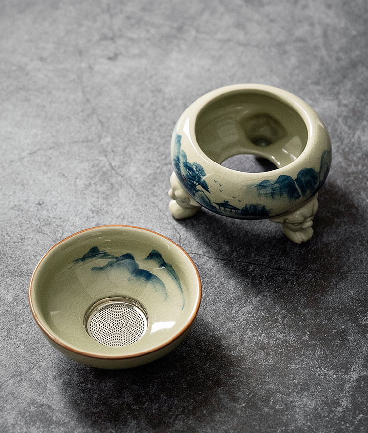 Landscape Strainer Set, Porcelain Stainer+Holder, Blue and White Jingdezhen Pottery