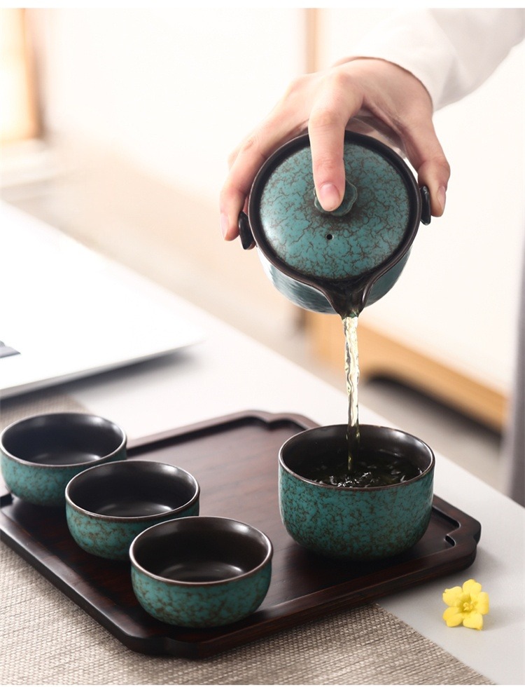Bronze Green Ceramic Travel Tea Set, 1 Teapot+4 Cups