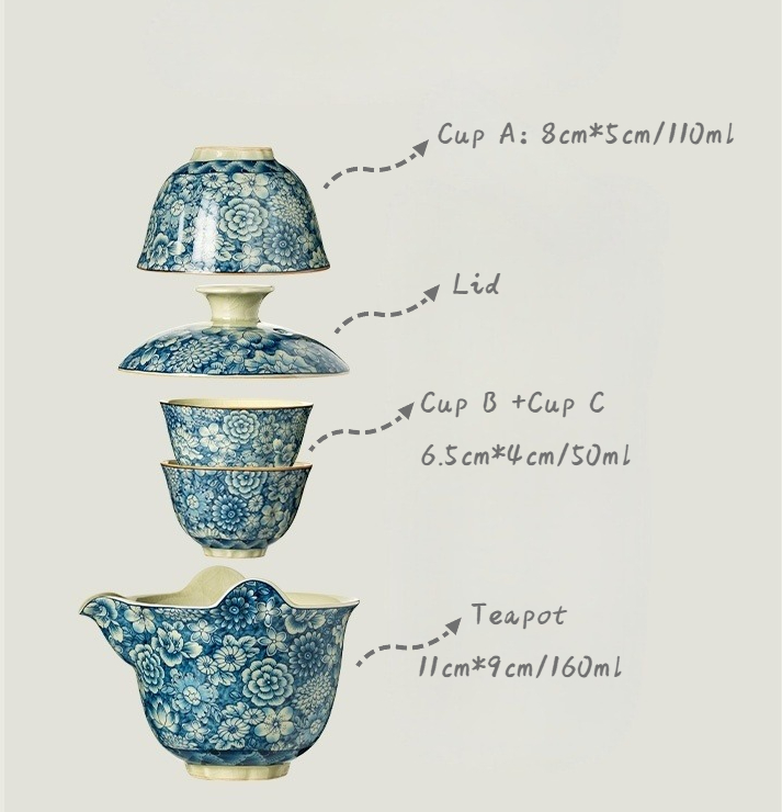 Blue and White Porcelain Teapot and Cup Travel Tea Set, 1 Teapot+3 Cups with Case