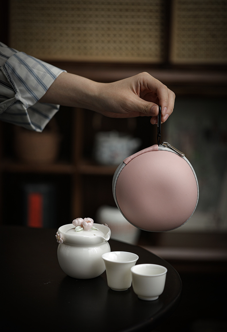 Pink Flower Travel Tea Set with Case, 1 Teapot+2 Cups 140ml