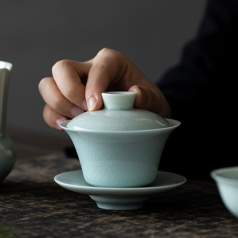 Porcelain Gaiwan Tea Set, Gaiwan+Saucer, Lake Cyan/Lime White Chinese Porcelain