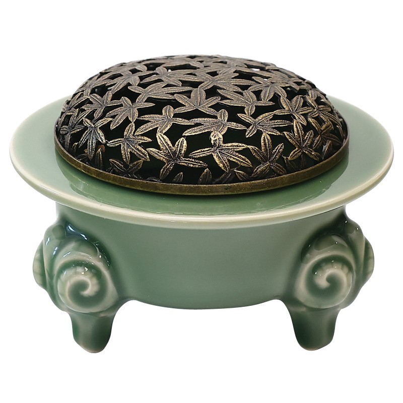 Traditional Celadon Incense Burner with Copper Cover 
