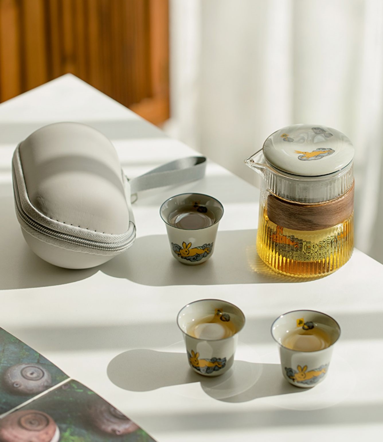 Golden Rabbit Travel Tea Set with Case, 1 Teapot+3 Cups 300ml