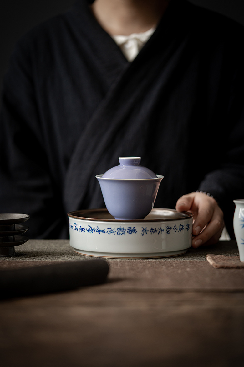 Ceramic Tea Tray with Chinese Poem Calligraphy, Kung Fu Tea Pot Holder Trivet