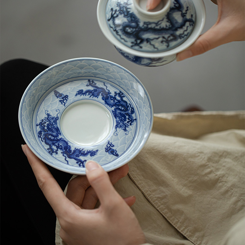 Chinese Dragon Gaiwan Set, Blue and White Porcelain