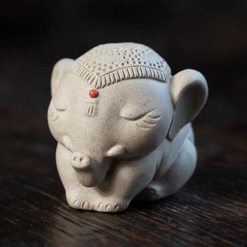 Baby White Elephant Figurine, Handmade Ceramic Tea Pet, Made of Yixing Zisha Clay