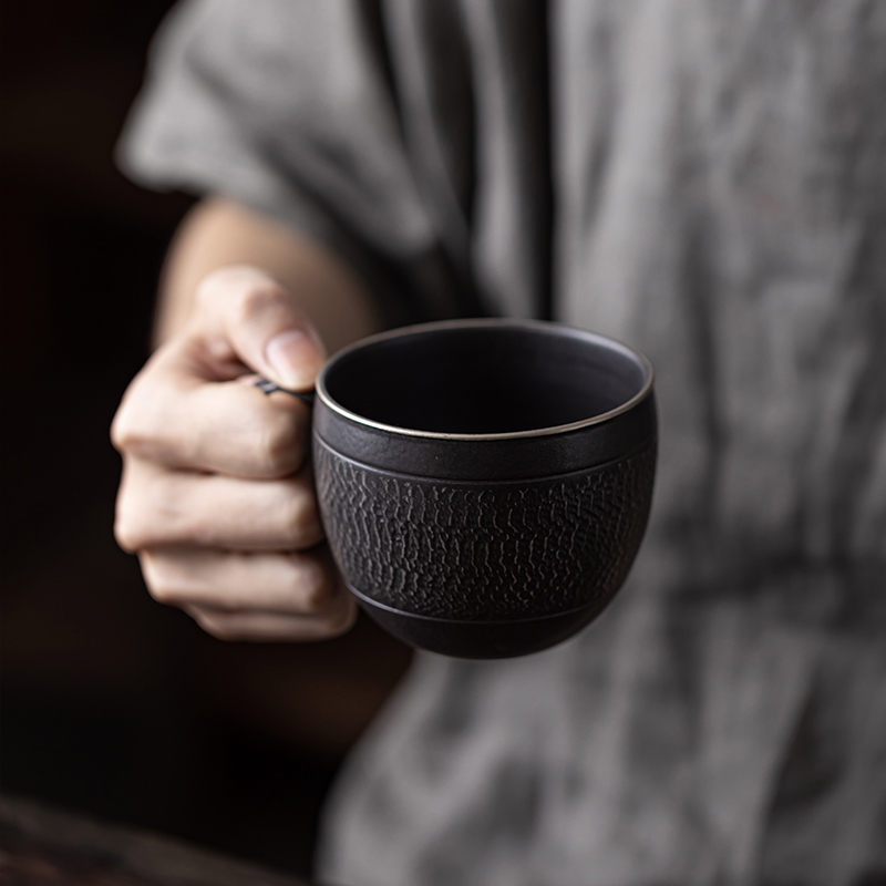 Black Iron Mug, Stoneware Coffee Mug with Saucer Set 250ml, Handmade Pottery Mug
