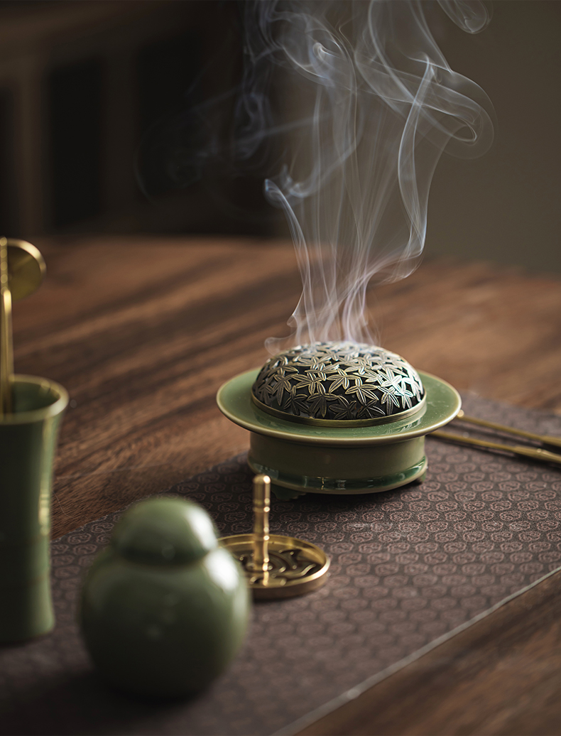 Minimal Style Celadon Incense Burner with Copper Cover and Flower Pattern