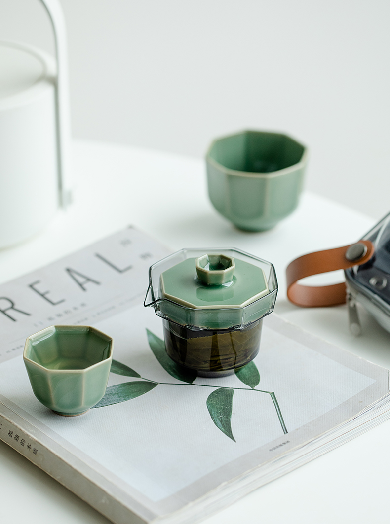 Marble Green Travel Tea Set, 1 Glass Teapot+2 Ceramic Cups