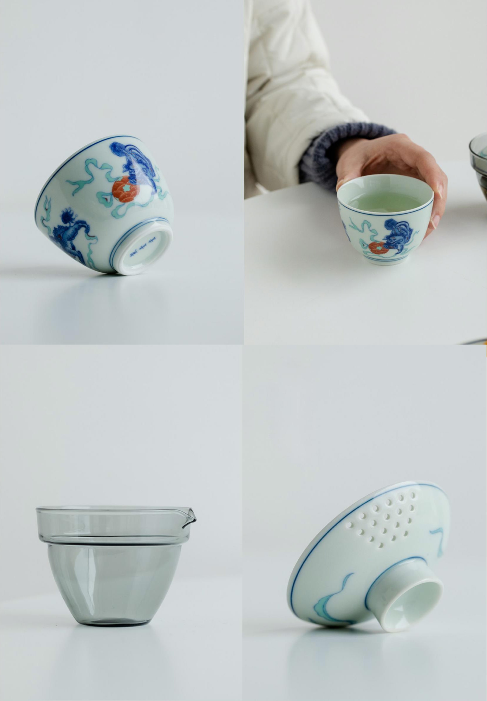 Lion/Dragon Pattern Travel Tea Set, 1 Glass Teapot+1 Ceramic Cup