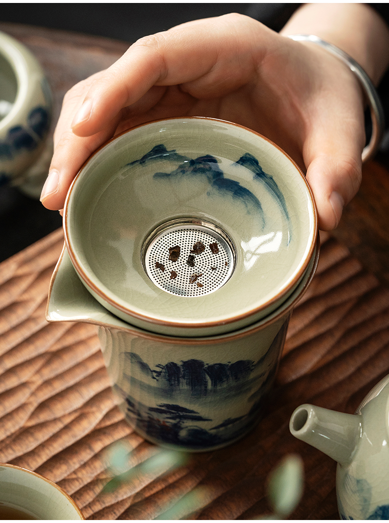 Landscape Strainer Set, Porcelain Stainer+Holder, Blue and White Jingdezhen Pottery