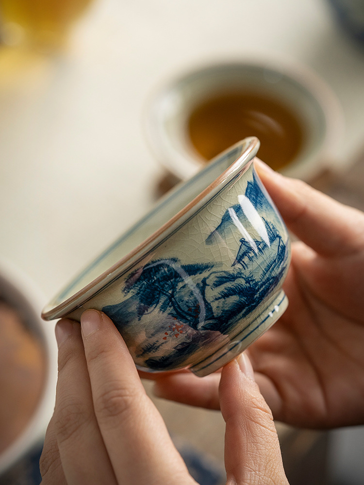 Blue and White Landscape Tea Cup, Chinese Kung Fu Tea Cup 120ml