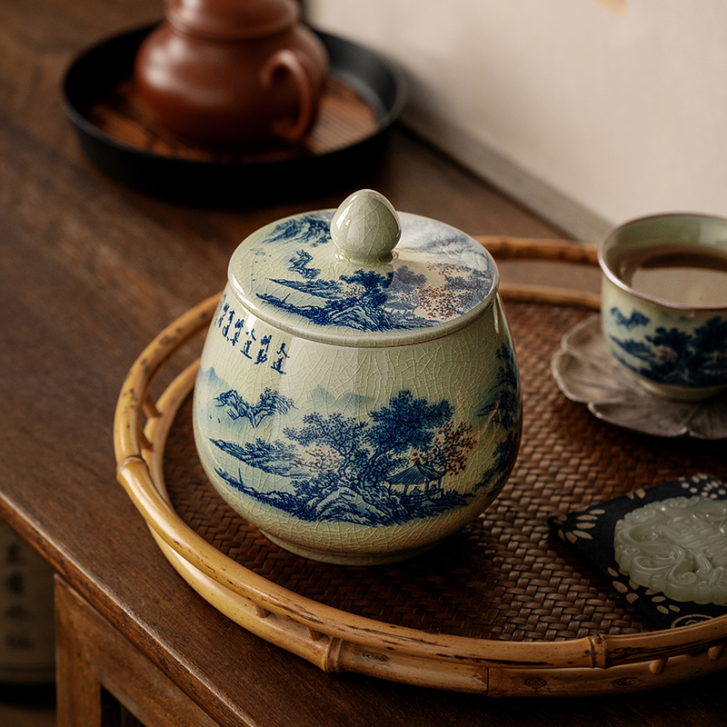 Tea Canister Landscape and Calligraphy 300ml, Blue and White Jingdezhen Pottery