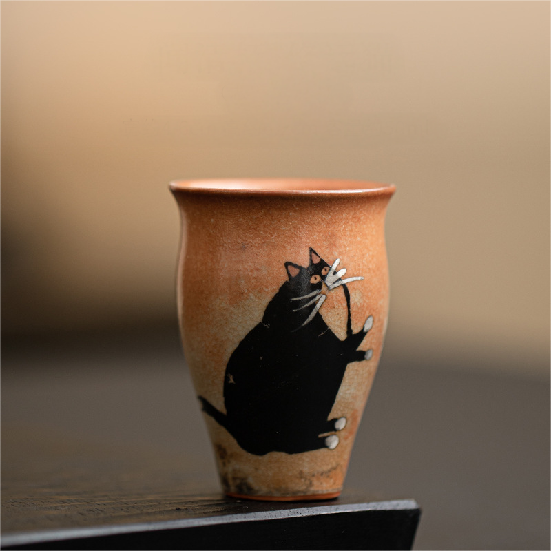 Japanese Shino Ware Style Black Cat Tea Cup 50ml