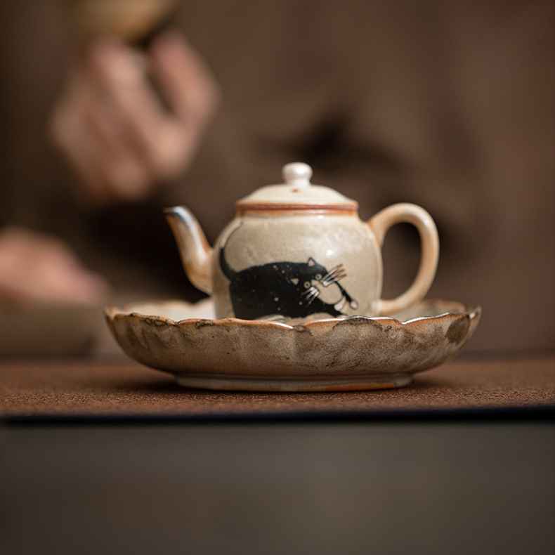 Japanese Shino Ware Style Black Cat Saucer For Teapots