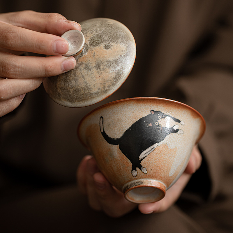 Japanese Shino Ware Style Black Cat Gaiwan 130ml