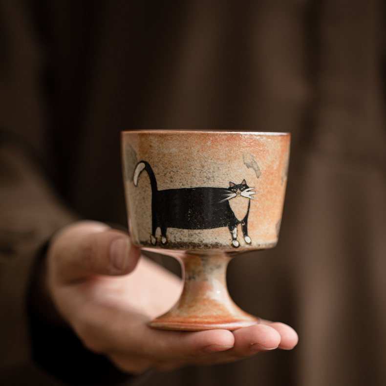 Japanese Shino Ware Style Black Cat Tea Cup