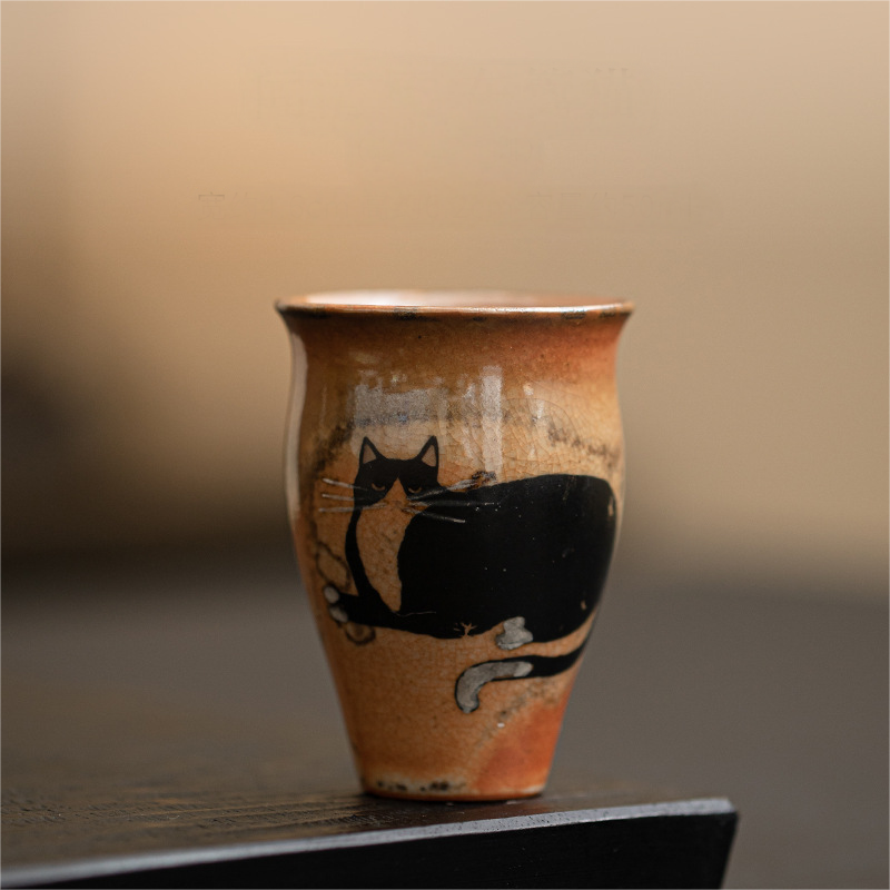 Japanese Shino Ware Style Black Cat Tea Cup 50ml