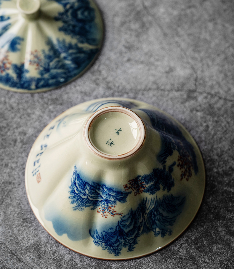 Porcelain Gaiwan Tea Set 130ml, Blue and White Landscape Pattern