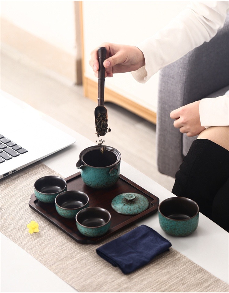 Bronze Green Ceramic Travel Tea Set, 1 Teapot+4 Cups