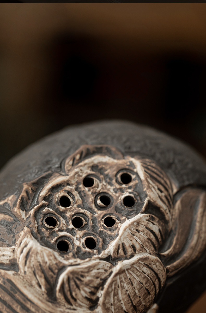 Japanese Style Stoneware Incense Burner, Vintage Look Wabi-Sabi Lotus Style