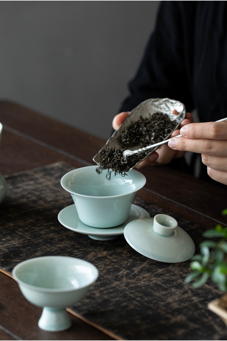 Porcelain Gaiwan Tea Set, Gaiwan+Saucer, Lake Cyan/Lime White Chinese Porcelain