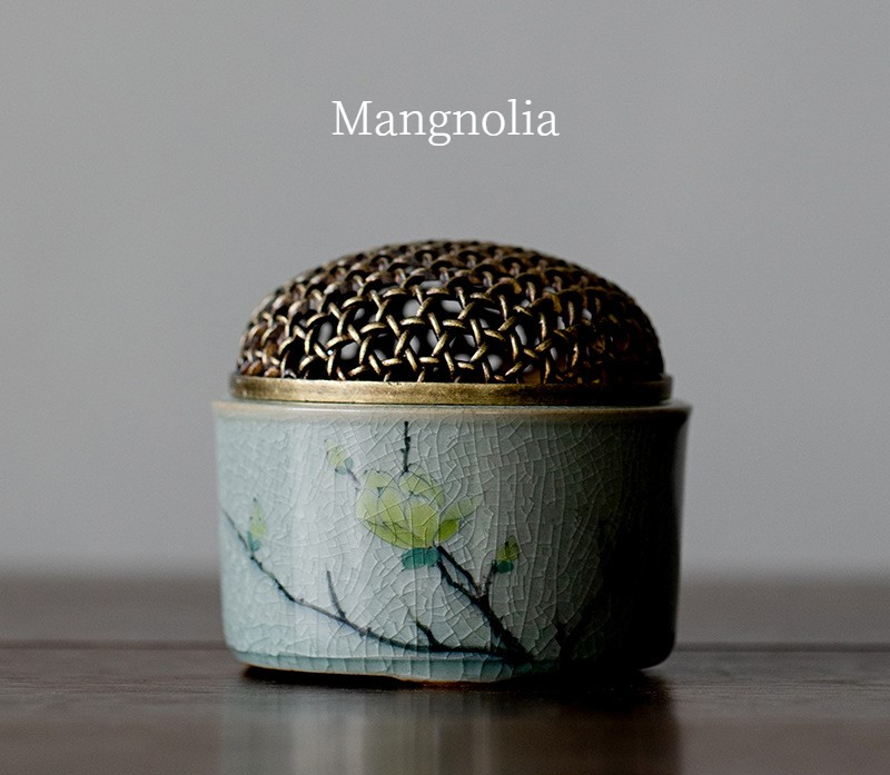 Begonia and Mangnolia Incense Burner with Brass Cover